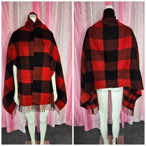 Madewell Red Buffalo Plaid 100% Wool Poncho Shawl One Size 28x70